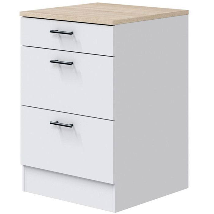 Mobile base da cucina con 3 cassetti e piano di lavoro in bianco lucido/rovere canadese.