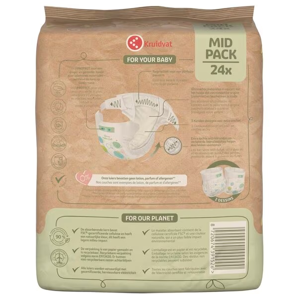 Plenice Kruidvat Pure & Soft, velikost 4, srednje pakiranje, velikost 4 (8–14 kg), 24 kosov