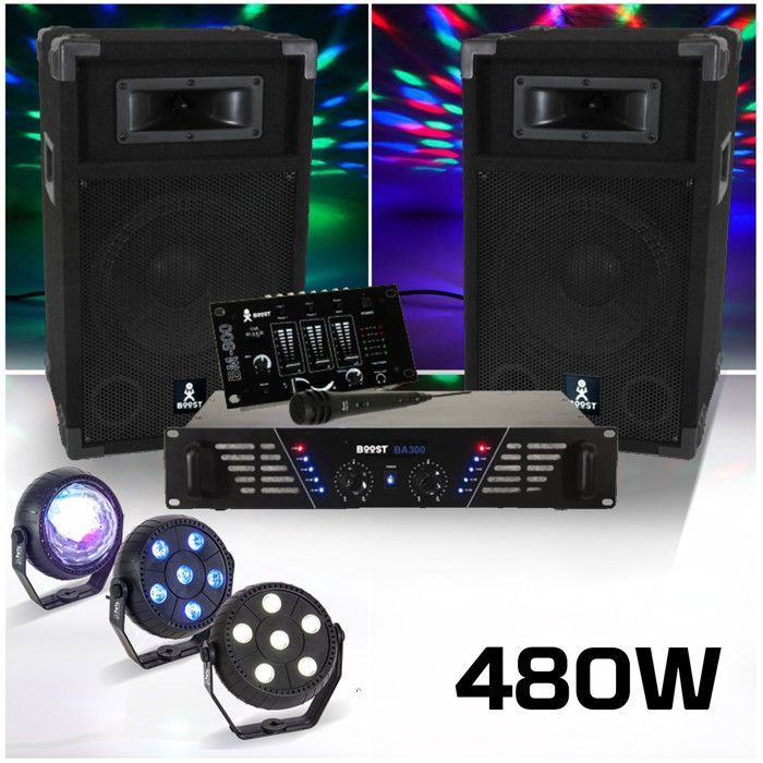 BOOST DJ-300 Pack sonorisation avec Enceintes Table de mixage Amplificateur 480W + Pack de 3 jeux lumière à led PARTY-TRIFX