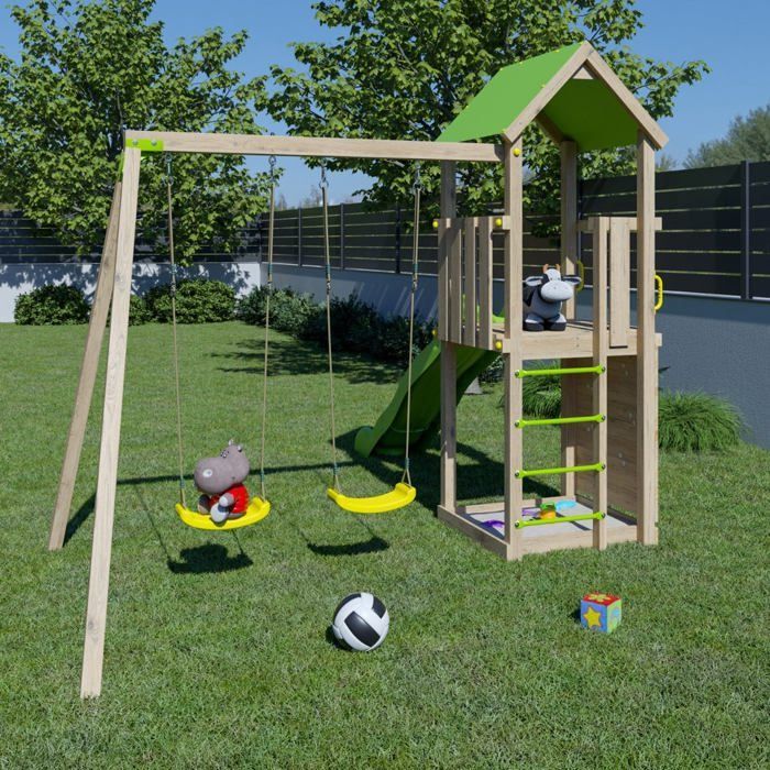 Zona de juegos de madera TRIGANO SMART XPERIENCE: 2 columpios, 1 tobogán, 1 rocódromo - 7 niños