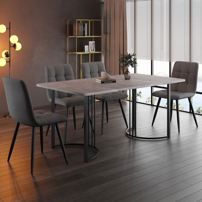 Conjunto de mesa de jantar de 140×80 cm com 4 cadeiras - Conjunto moderno de mesa e cadeiras para cozinha/sala de estar - Cadeiras em linho cinza escuro