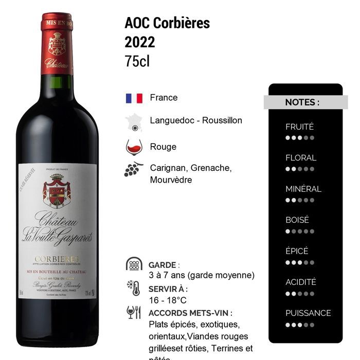 Château la Voulte Gasparets Corbières Cuvée Reservée 2022 - Vino rosso della Linguadoca-Rossiglione (3x75cl)