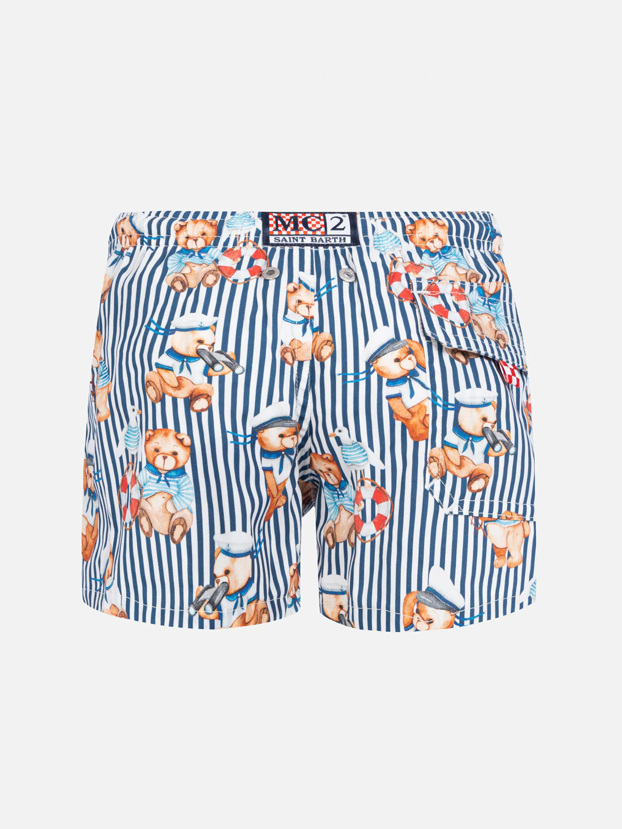 Traje de baño de algodón para niño con estampado de osito marinero.