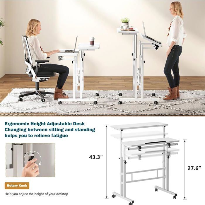 Bureau d'ordinateur compact et ergonomique, Hauteur réglable (70-110 cm), plateau inclinable avec roulettes, chambre, salon, noir