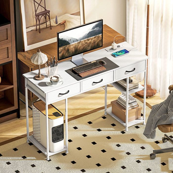 Desk with storage - HOMCOM - power outlets, 3 fabric drawers and 4 storage shelves - 120 x 40 x 76 cm - white