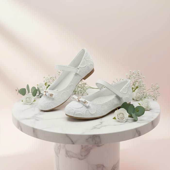 Scarpe - Bambini - Ragazze - Ballerine - Eleganti - In pelle - Avorio - Con lacci - Con fiocco - Taglie dalla 26 alla 31