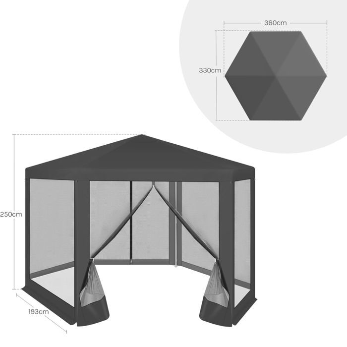 Tonnelle de Jardin WOLTU - Hexagone - Pergola Jardin - Moustiquaire respirante - 3,8x3,3m - Gris