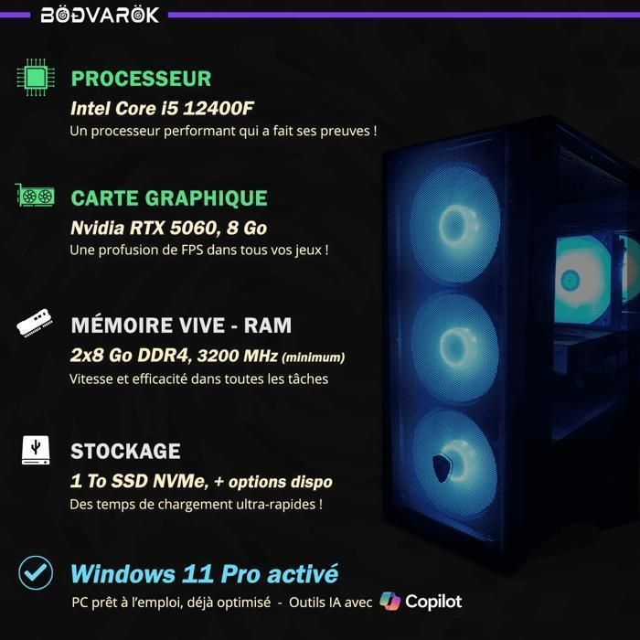 Bodvarok Fixed Gaming PC – Nvidia RTX 5060 – Intel Core i5 12400F – 16 GB DDR4 RAM – 1 TB NVMe SSD – Windows 11 + Wifi