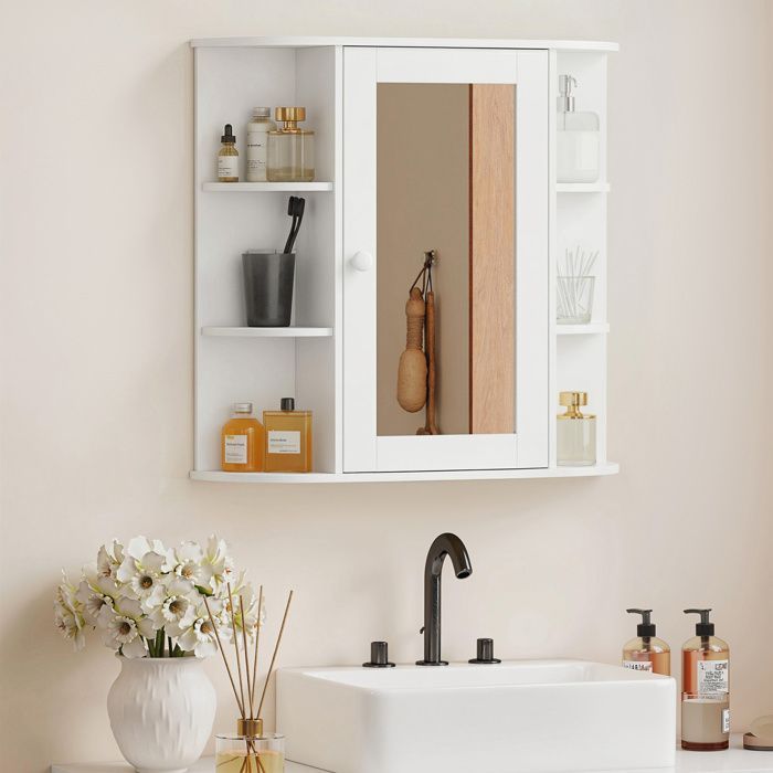Armoire murale avec miroir salle de bain - HOMCOM - rangement toilettes 1 porte étagères  latérales - MDF - blanc