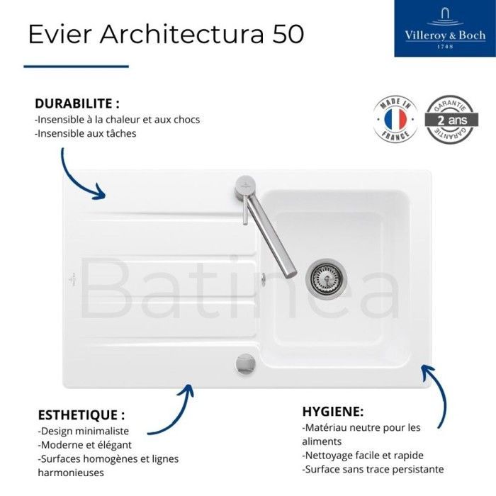 Fregadero Villeroy & Boch Architectura 50 blanco de un seno, 86 x 51 cm + grifo de cocina Grohe Bauloop