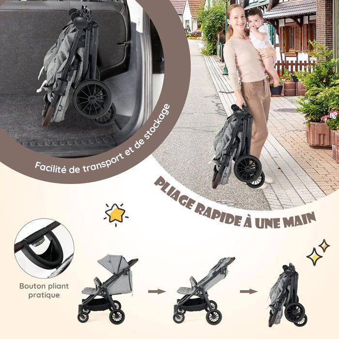 Poussette Double 0-3 Ans Pliage à un Bouton COSTWAY Côte à Côte-Dossier Réglable-Auvent à 5 Niveaux-Roues Freinées-Charge 15KG-Gris