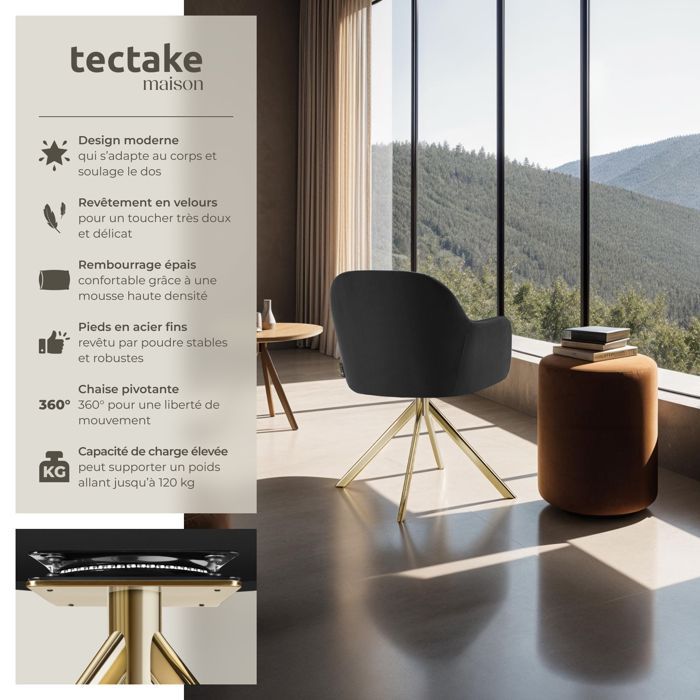 Chaise - TECTAKE - Fauteuil LONA pivotant à 360° avec rembourrage épais et dossier arrondi 56 x 59 x 81 cm - Noir/Or