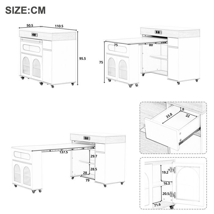 Keukeneiland op wielen, uitschuifbare eettafel met stopcontacten, blad van geribbeld glas, dressoir met één lade, wit en walnoot