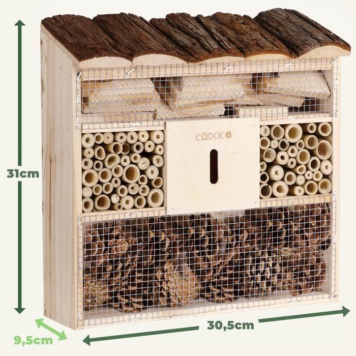 CADOCA® Hotel para insectos de madera natural de 30,5 x 31 cm. Casita/caja nido para abejas para invernar, polinizar y fomentar la biodiversidad.