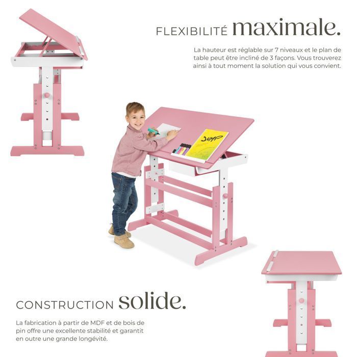 ESCRITORIO INFANTIL - TECTAKE - Escritorio infantil regulable en altura e inclinación de 109 cm x 55 cm x 94 cm + cajón de almacenamiento - Rosa brillante