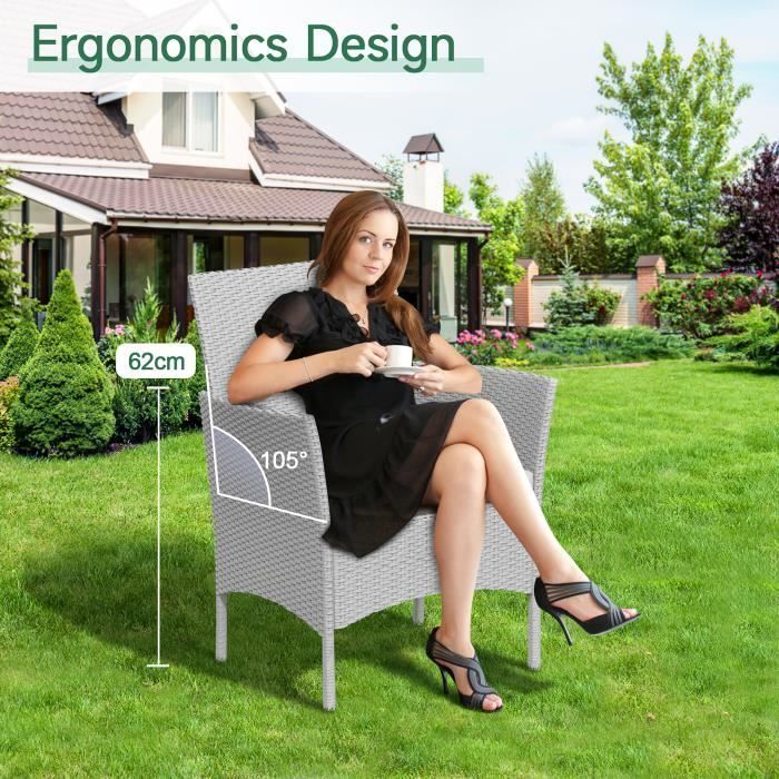 Salon de jardin | résine tressée imitation rotin | 4 personnes | avec 2 Fauteuils, 1 Canapé et 1 Table | Gris