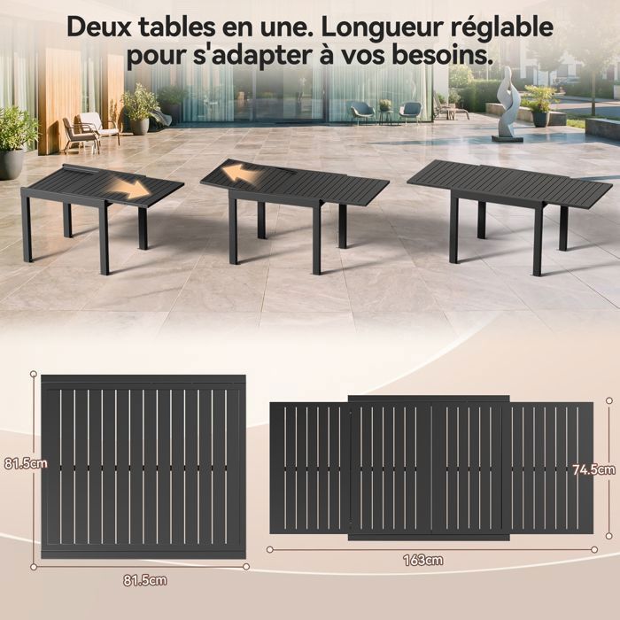 Mesa de jardín extensible de aluminio | 200 kg cerrada / 150 kg abierta | Para 4-8 personas, estable y duradera, color gris
