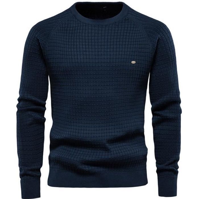 Jersey de hombre - FONDUPIN - Cuello redondo - Algodón - Estampado de cuadrícula - Azul marino