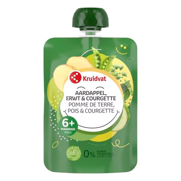 „Kruidvat“ ekologiškos bulvių, žirnelių ir cukinijų sultys, 6+ mėn., spaudžiamos pakuotės, 90 g