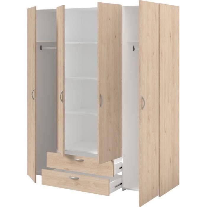 Armario de dormitorio VARIA - Acabado en roble - 4 puertas batientes + 2 cajones - Ancho 159,9 cm x Profundidad 51,3 cm x Alto 185 cm