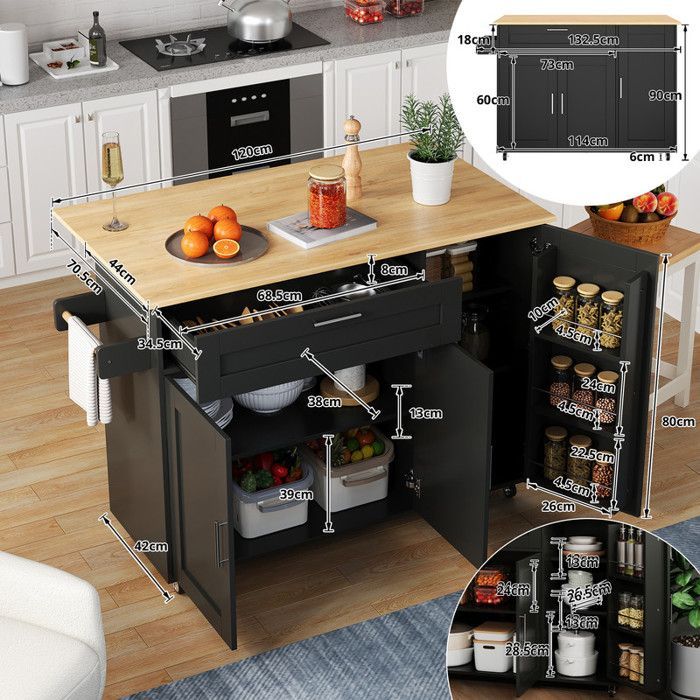 Table de cuisine mobile - 132.5x44(70)x90 cm - Plateau pliable - Grain de chêne - 5 roulettes