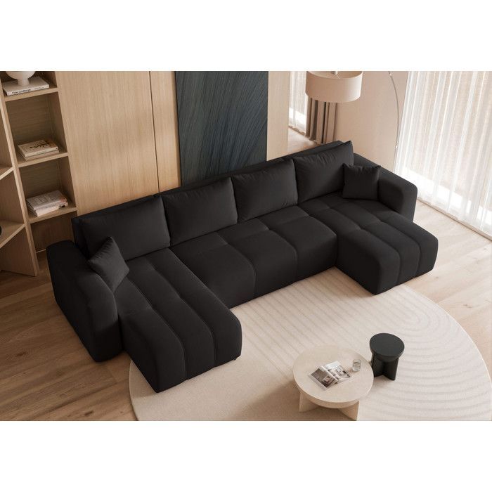 Sofá-cama de canto panorâmico de 7 lugares com arrumação, revestido em veludo antracite, da PEDRO IDOHOME.