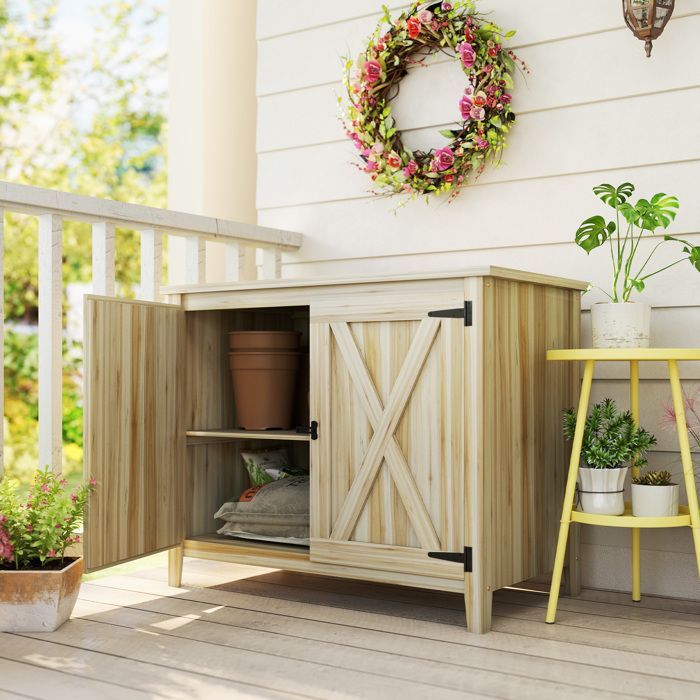Armoire de jardin en bois - Outsunny - avec étagères et double portes - 110 x 60 x 88,5 cm - effet bois naturel