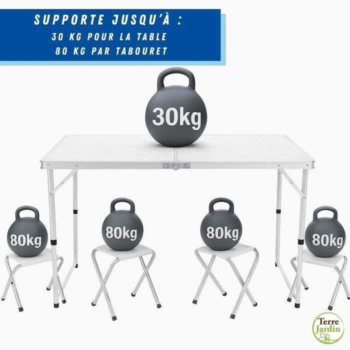 Mesa de camping dobrável com 4 banquetas, 120 x 60 cm, altura ajustável 54/61/70 cm, tampo em MDF branco, estrutura em alumínio.