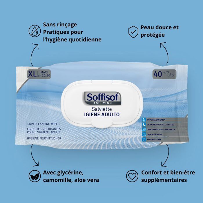 Soffisof Lingettes Hygiène Adulte XL - 240x Lingettes Nettoyantes Corps, 6 Paquets - Adultes, Personees Agées, Patients Alités
