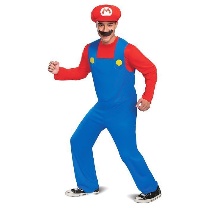 Official adult Mario costume - blue and red jumpsuit, cap and mustache