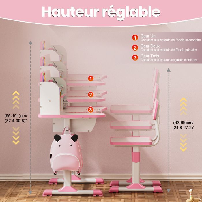 Desk and chair set - Children's desk with chair - Multifunctional - Height adjustable - Cartoon pattern - Pink