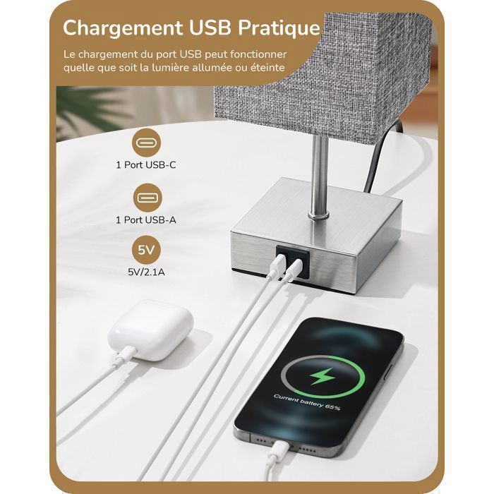 EDISHINE Touch tafellampenset van 2, USB-A- en USB-C-poorten, dimbare E27 LED-lamp inbegrepen, grijze lampenkap