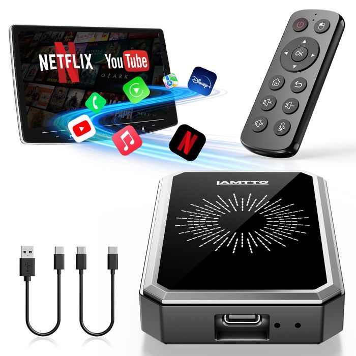 Adaptador inalámbrico para autorradio CAMPARK CarPlay AI-BOX con Netflix, YouTube, múltiples aplicaciones, Mirror Link, salida HDMI, 4G+32G.