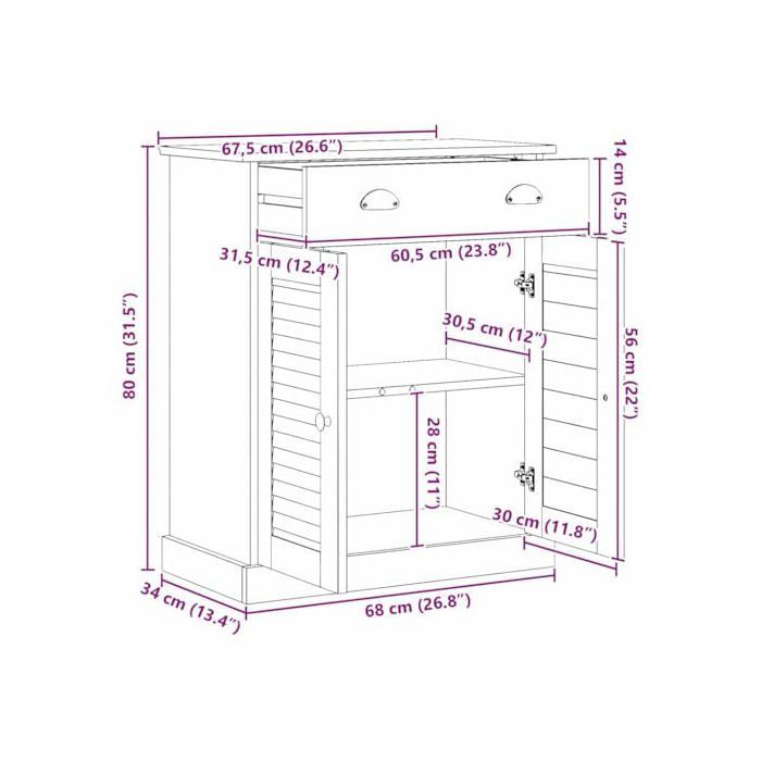 Badezimmerschrank – vidaXL – Massives Kiefernholz – Antikweiß – 67,5 x 34 x 80 cm – Viel Stauraum