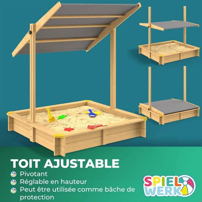 Caixa de areia Spielwerk SAMU 120x120cm em madeira de abeto com cobertura ajustável de proteção UV para brincadeiras infantis ao ar livre no jardim.