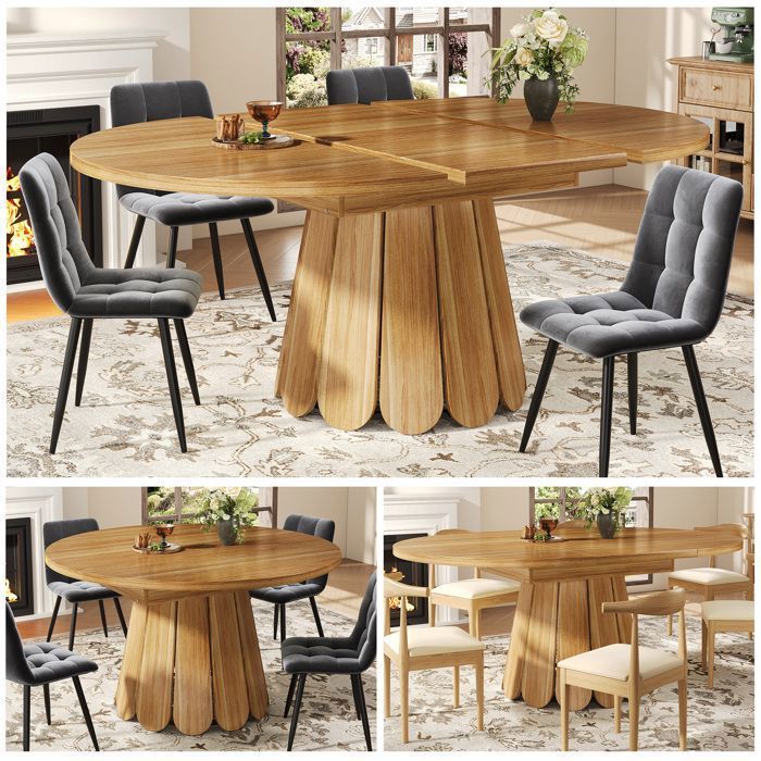 Mesa de comedor redonda extensible - Becag - Mesa de comedor 118-158x118x76cm - 6 personas - Para cocina y salón - Marrón