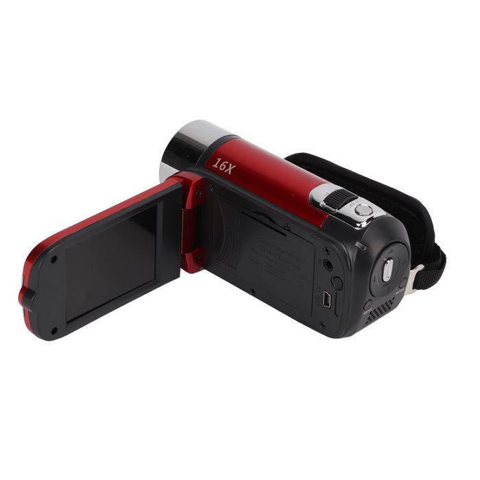 Videocámara portátil OMABETA Full HD con pantalla giratoria de 270° y color rojo.