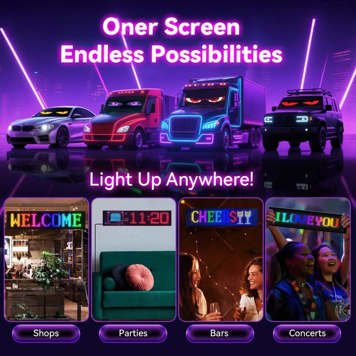 Ojos de diablo de 2 piezas para coches, ojos LED para camiones de 12 x 59,5 cm, pantalla suave, escritura luminosa programable, Bluetooth USB 5V