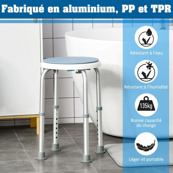 Taburete de ducha HOMCOM, asiento de ducha antideslizante, altura ajustable de 35,5 a 48,5 cm, giro de 360°, silla de ducha de aluminio.