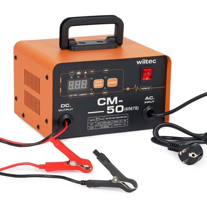 Avviatore di emergenza Wiltec 12-24V, 16Ah, 30-300Ah per auto e moto, 490W, con display LCD e maniglia per il trasporto.