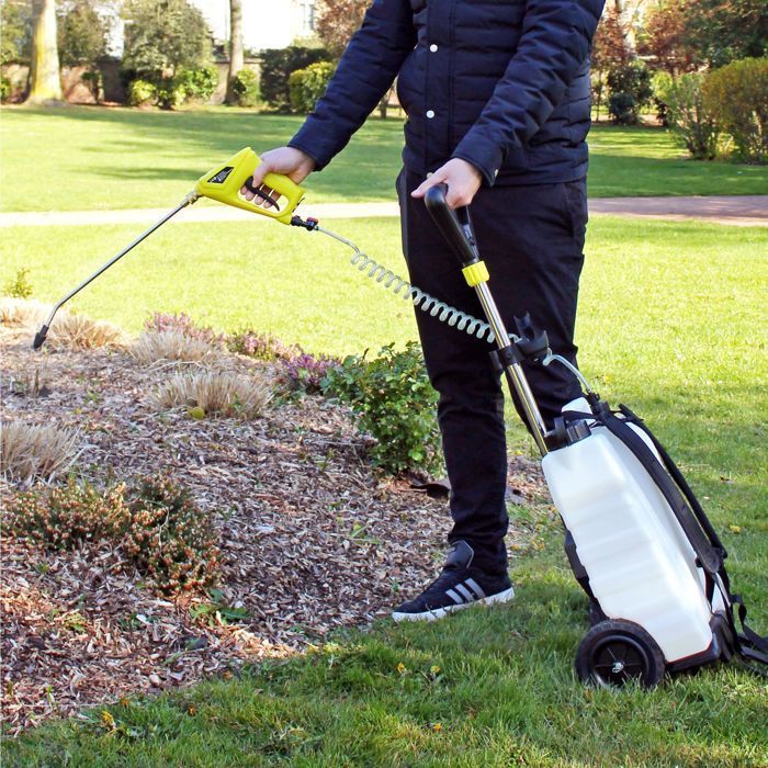 FISHTEC 16L Elektro-Sprühgerät auf Rädern und mit Rückentragefunktion, wiederaufladbarem Akku, 40 cm Lanze, Garten/Dach