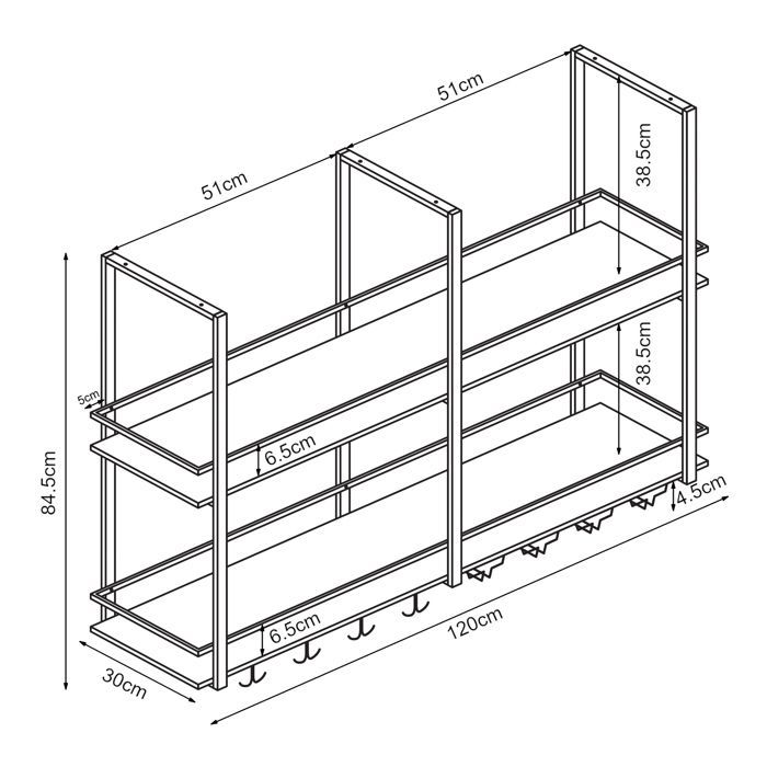 Hubro-roikkuva metalliviiniteline, 120 x 30 x 85 cm, musta pähkinäpuukuviolla