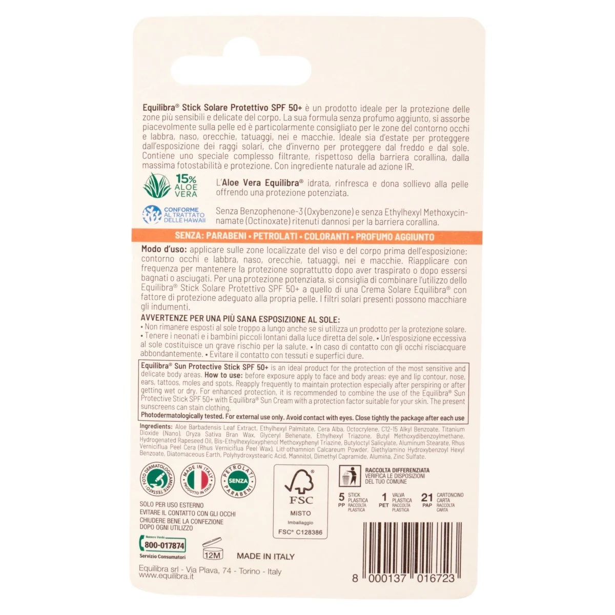 Equilibra beschermende zonnebrandstick SPF 50+ 40 g Bescherming voor gevoelige zones