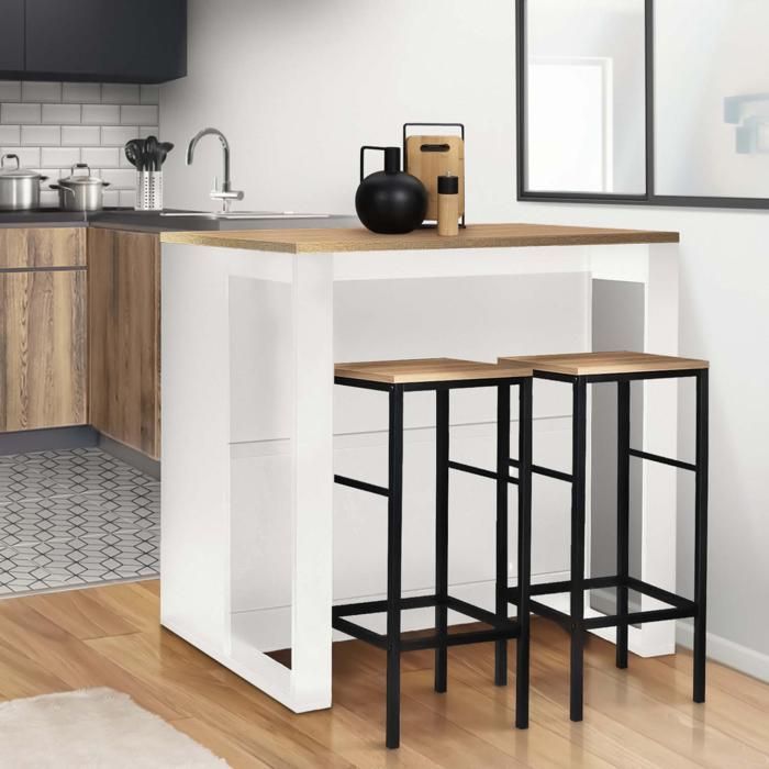 Mesa de bar isla IDMARKET JUNO en madera blanca con tablero efecto haya