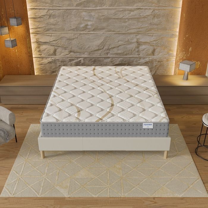 Conjunto de colchón y base de cama (140x200cm) - Muelles ensacados Essem y espuma de alta densidad de 25 cm de grosor + Base de cama de madera estable, Tela blanca