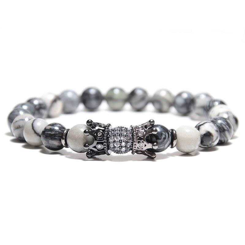 Noter 2020 Novidade Pulseira Masculina com Contas de Pedra Natural Verdadeira Pulseira de Luxo Bola de Discoteca Zircônia Cúbica Pulseira Coroa Presente