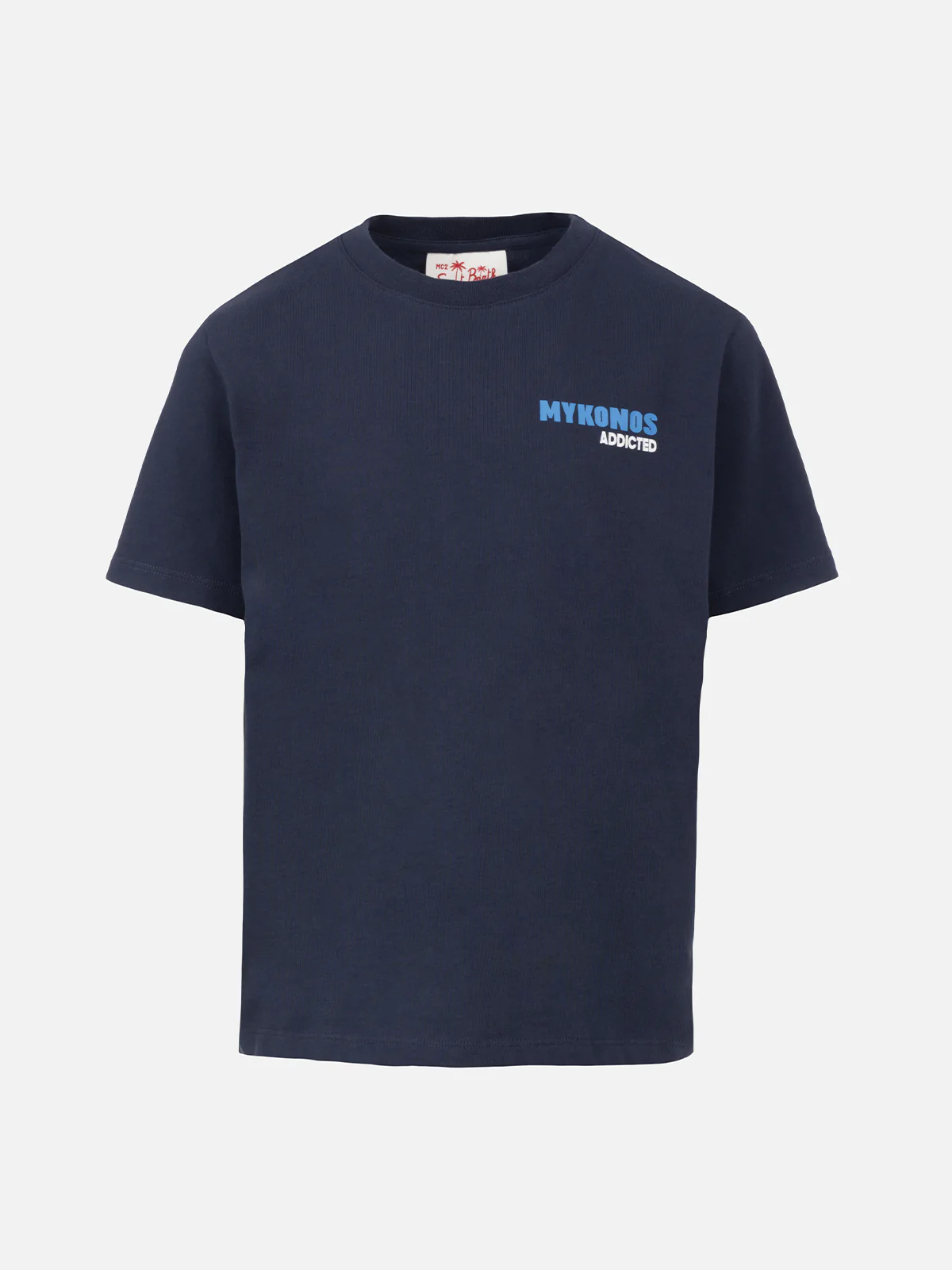Kinder T-shirt van katoen met een ansichtkaartprint van Mykonos.