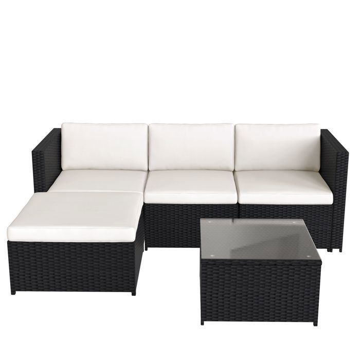 Set da giardino composto da divano angolare da esterno a 4 posti con tavolino, in resina intrecciata, nero.