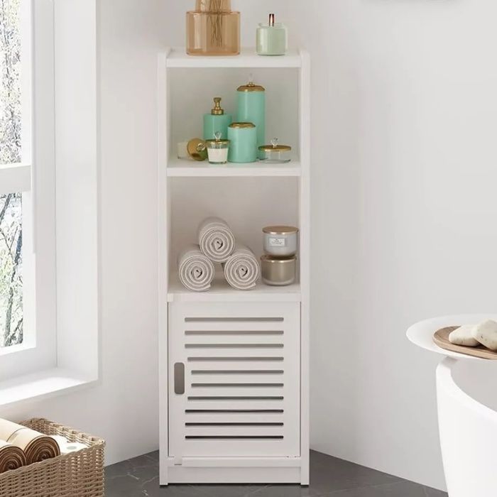 Armario de baño tipo columna con 2 compartimentos abiertos, 3 estantes, 1 puerta, armario multifuncional, 25x22x80cm, blanco