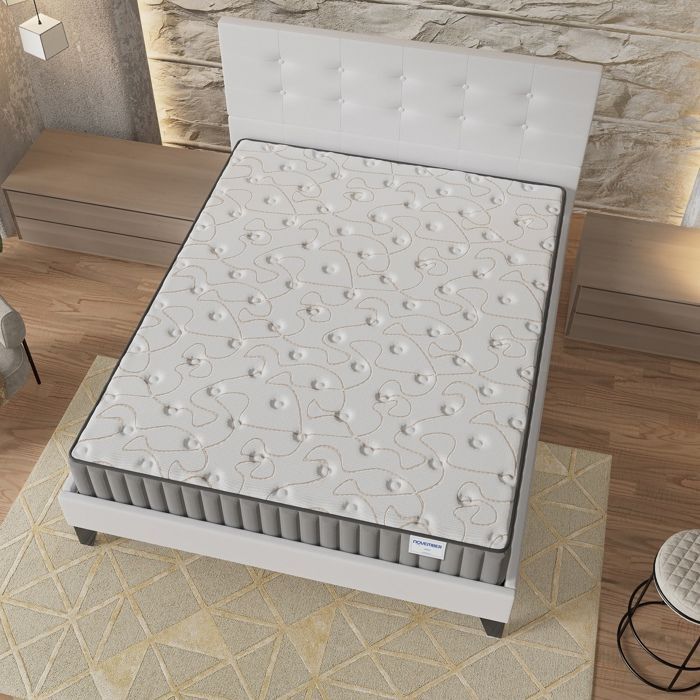 Colchón y cama (140x190cm) - Orionis 22cm de espuma viscoelástica y espuma de alta densidad + base de láminas estable y cabecero tapizado en blanco